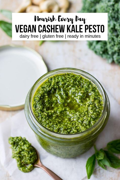 This vegan cashew kale pesto is the perfect healthy topping for your veggies, buddha bowls, pasta and so much more! Super easy to make in the blender or food processor, this will dress up any meal. @ Nourish Every Day Blog #veganpesto #kalepesto #dairyfree Kale Pesto Recipe, Vegan Pesto Recipe, Pesto Vegan, Pesto Recipes, Csa Recipes, Kale Pesto, Buddha Bowls, Vegan Pesto, Vegan Sauces