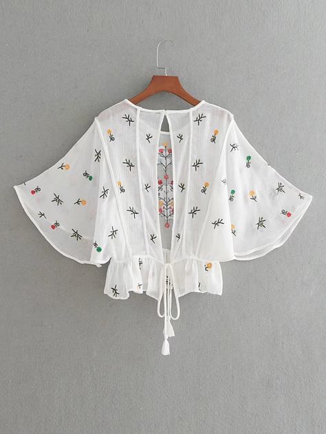 Flower Embroidery Open Back Tassel Tie Top -SheIn(Sheinside) Áo Blu, Fancy Tops, Baby Dress Patterns, Fashion Tops Blouse, Kids Designer Dresses, Frocks For Girls, Crop Top Outfits, Frock Design, Stylish Dress Designs