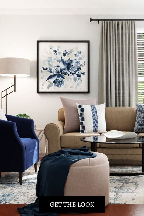 Navy Black Cream Living Room, Navy And Linen Living Room, Navy Brown White Living Room, Navy Blue Gray And Beige Living Room, Family Room With Navy Sofa, Taupe And Blue Living Room Ideas, Blue Beige Living Room Decor, Blue Grey Beige Living Room, Beige And Navy Blue Living Room