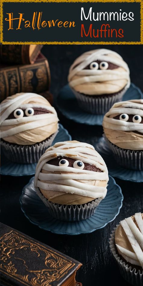 Halloween Mummy Muffins: Perfect for Little Monsters Mummy Cupcakes Halloween, Mummy Themed Food, Muffin Halloween, Halloween Muffin, Monster Muffins, Birthday Ideas Cakes, Halloween Muffins, Mummy Cake, Mummy Cupcakes