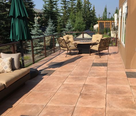 Traditional Rustic Terracotta color porcelain pavers on patio Patio Tiles Outdoor Flooring, Patio Tiles Outdoor, Terracotta Patio, Tiles Outdoor, Porcelain Pavers, Patio Railing, Outdoor Pavers, Raised Patio, Terracotta Roof