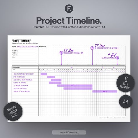 Project Planner, Work Planner, Business Planner, Productivity Planner, Student Planner, College Planner, Gantt Chart, Project Planner PDF, Project Schedule, Project Timeline, Printable PDF ◆ ◆ ◆ Use this printable project planner in A4 size to track the progress of your project. This project timeline template has 6 weeks on one sheet. If your project lasts for more than 6 weeks, you can expand the planner by simply printing additional pages. Mark the milestones of your project on the project mil Printable Project Planner, Project Planner Template, Milestone Chart, Project Timeline Template, Project Timeline, Project Planner Printable, Project Management Templates, Time Line, Planner Business