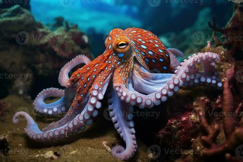 AI generated Octopus on the bottom of the sea. Close-up. Octopus In Coral Reef, Octopus Face, Octopus Photography, Octopus Photos, Ocean Creatures Art, Common Octopus, Octopus Pictures, Animal Close Up, Octopus Ocean