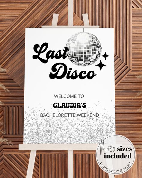 Disco Party Poster, 70s Bachelorette Party, 70s Bachelorette, Silver Disco Ball, Last Disco, Disco Bachelorette, 21st Bday Ideas, Baby Bash, Groovy 70s