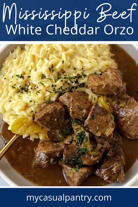 bowl of mississippi beef with orzo. Orzo Recipes Beef, Stew Meat Dinner Ideas, Beef And Orzo Recipes, Dinner Winter Recipes, Ground Beef Orzo Recipes, Mississippi Beef Stew, Braut Recipes Dinners, Beef Orzo Soup, Recipes For Stew Meat