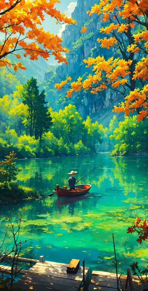 Wallpaper Backgrounds Scenery, Scenery Spring, Fishing Aesthetic, Lake Aesthetics, Nature Workout, Forest Backgrounds, Magical Lake, Scenery Illustration, Lake Wallpaper