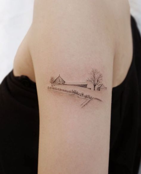 Snowy Farm, Farm Tattoo, Wheat Tattoo, Winter Tattoo, Snow Tattoo, Small Forearm Tattoos, Landscape Tattoo, Tattoo Feminina, Farm Scene