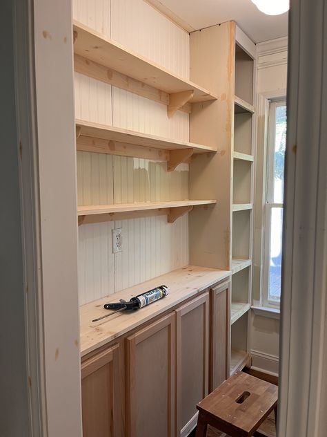 Small Hallway Butlers Pantry, Small Butlers Pantry With Window, Ikea Pantry Makeover, Closet To Butlers Pantry, Butlers Pantry Laundry Room Combo Small, Floor To Ceiling Pantry Shelves, Open Kitchen Island Ideas, Gallery Pantry, Wall Cabinet Pantry