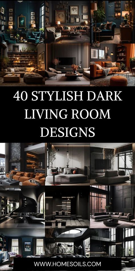 Elevate your space with these 40 stylish dark living room designs! Incorporate deep hues, luxurious textures, and moody lighting to create a sophisticated, cozy atmosphere perfect for relaxation and refined elegance. Dark Living Room And Kitchen, Dark Moody Industrial Living Room, Modern Dark Living Room Ideas, Dark Cozy Minimalist Home, Dark And Moody Decor Interior Design, Living Room Latest Designs, Small Living Room Basement, Home Renovation Ideas Living Room, Dark Front Room Ideas