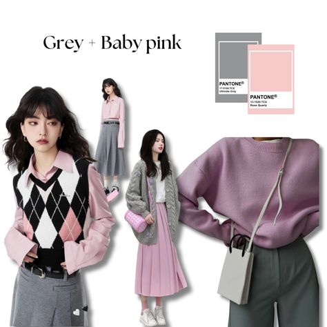 Gray Matching Colors Outfit, Colors Matching Grey, Mauve Outfit Ideas Color Combos, Good Color Combos For Outfits, Gray Combination Color Clothes, Grey Colour Combination Outfits, Gray Color Combinations Outfit, Baby Pink Color Combination, Pink Matching Colors