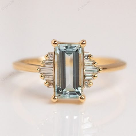 Antique Aquamarine Ring, Alt Wedding, Birthstone Promise Rings, Baguette Engagement Ring, Ring Inspo, Traditional Engagement Rings, Unique Anniversary Gifts, Baguette Ring, Aquamarine Engagement Ring