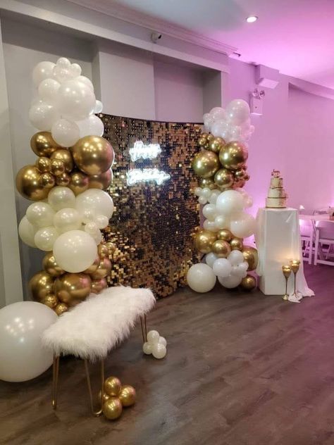 Balloons, Party Decor, background for any occasion. 3 tier cake. Cream Gold Party Decor, Birthday Ideas White And Gold, Red White Gold Decorations Party, Gold Prom Theme Decorations, All Gold Party Decorations, Champagne Gold Decorations, White And Gold Masquerade Party, Birthday Party Gold And White, Foil Balloon Garland