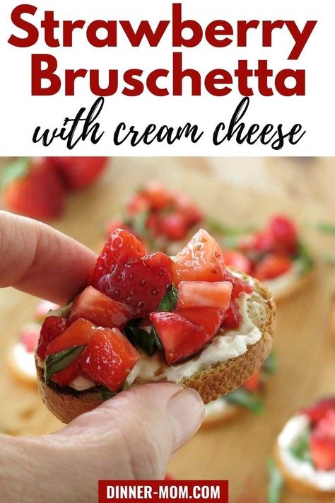 Strawberry bruschetta with cream cheese, basil and balsamic vinegar is the party appetizer everyone will talk about and it takes 15 minutes to make. It healthy and CAN BE low-carb, keto-friendly too. We show you how. Follow our make-ahead tips if you're making this for a celebration! #strawberrybruschetta #healthyappetizer Brushetta Recipe Cream Cheese, Strawberry Cream Cheese Appetizer, Basil Strawberry Cream Cheese Dip, Strawberry Balsamic Crostini, Strawberry Basil Bruschetta, Strawberry Balsamic Vinegar Recipes, Cream Cheese Bruschetta, Strawberry Bruschetta Appetizers, Strawberry Bruchetta