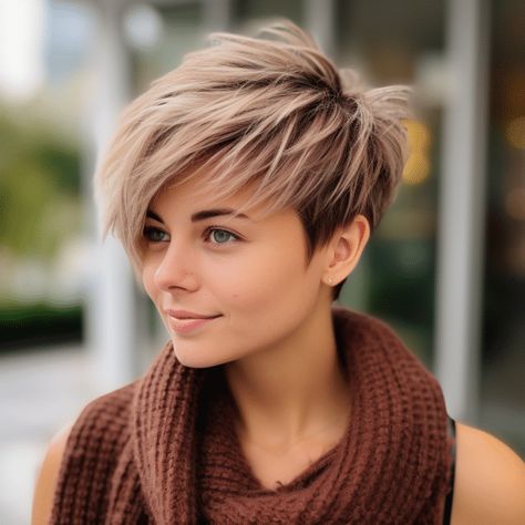 73 Cute Short Layered Haircut Ideas Short Bob Haircuts With Layers Fine Hair, Short Edgy Pixie Haircut, Asymetrical Haircut Edgy, Short Asymmetrical Haircut, Layered Pixie Haircuts, Feathered Layers, Edgy Pixie, Hair Color Caramel, Short Hair Pixie Cuts