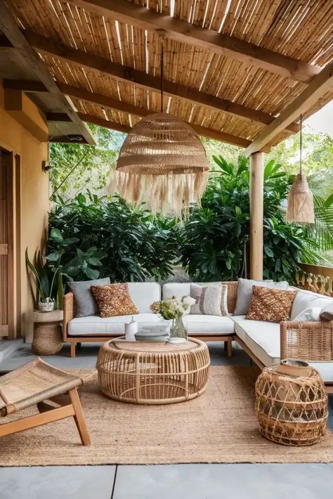 21 Bohemian Patio Ideas: Transform Your Outdoor Space 46 Bohemian Patio Decorating Ideas, Outdoor Bohemian Patio, Bohemian Backyard Decor, Boho Patio Ideas Outdoor Spaces, Tropical Patio Ideas, Bohemian Deck, Coastal Outdoor Patio, Bohemian Patio Ideas, Bohemian Patio Furniture