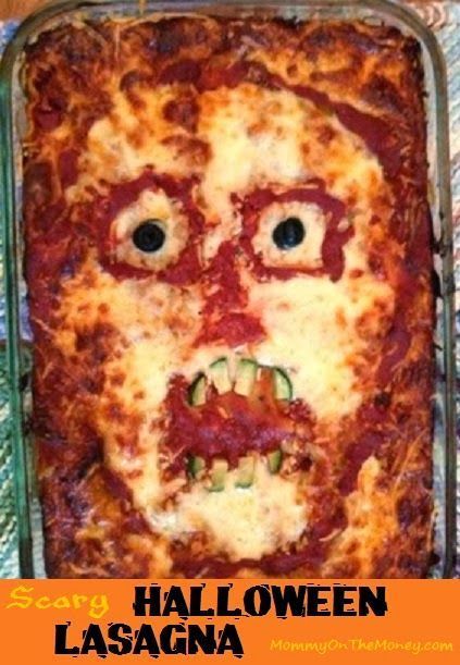 Lasagna                                                                                                                                                                                 More Spooky Halloween Party Ideas, Halloween Fingerfood, Halloween Potluck, Pasteles Halloween, Creepy Food, Scary Face, Halloween Fest, Halloween Party Ideas, Spooky Halloween Party