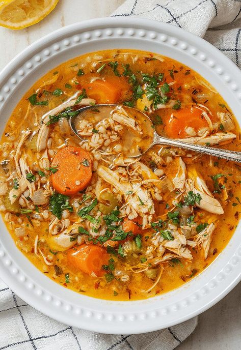 Mushroom Barley Stew, Soup With Barley, Chicken Barley, Chicken Barley Soup, Barley Recipe, Tried And True Recipes, Hearty Chicken, Barley Soup, Deep Dish Pizza