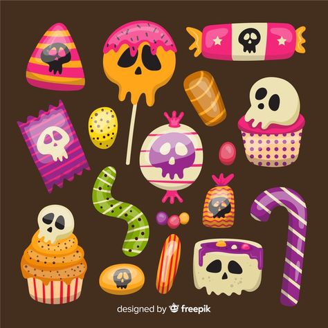 Flat halloween candy collection Free Vec... | Premium Vector #Freepik #vector #party Halloween Candy Art, Halloween Icing, Candy Drawing, Dulces Halloween, Halloween Tutorial, Candy Collection, Halloween Ii, Halloween Illustration, Halloween Drawings