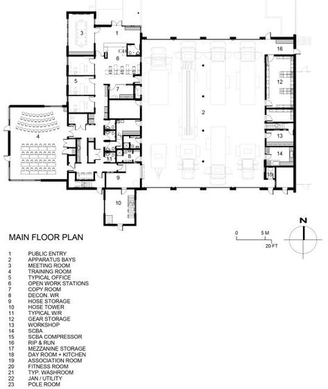 Fire Station Floor Plan, Fire Department Architecture, Section Drawing Architecture, Labs Plan, Auditorium Architecture, Qualicum Beach, Floor Plan With Dimensions, Architecture Design Presentation, Chicago Fire Department