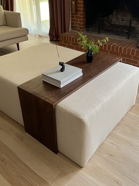 DIY Coffee Table Ottoman - findmaggiemay.com Oversized Fabric Ottoman, Diy Fabric Ottoman Coffee Table, Upholstered Ottoman Diy, Ottoman With Coffee Table, Ottoman With Wood Overlay, Ottoman Overlay Table, Diy Upholstered Cube Ottoman, Make Ottoman Diy, Large Fabric Ottoman