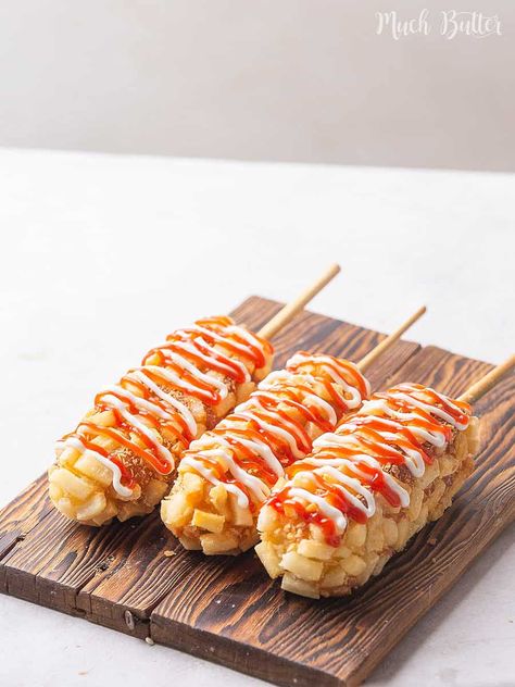 Korean Corn Dog (French Fry Toppings) - Much Butter Fry Toppings, Korean Hot Dog Recipe, Korean Corn Dog, Garlic Butter Shrimp Pasta, Korean Corn, Potato Croquettes, Garlic Butter Shrimp, Corn Dog, Butter Shrimp