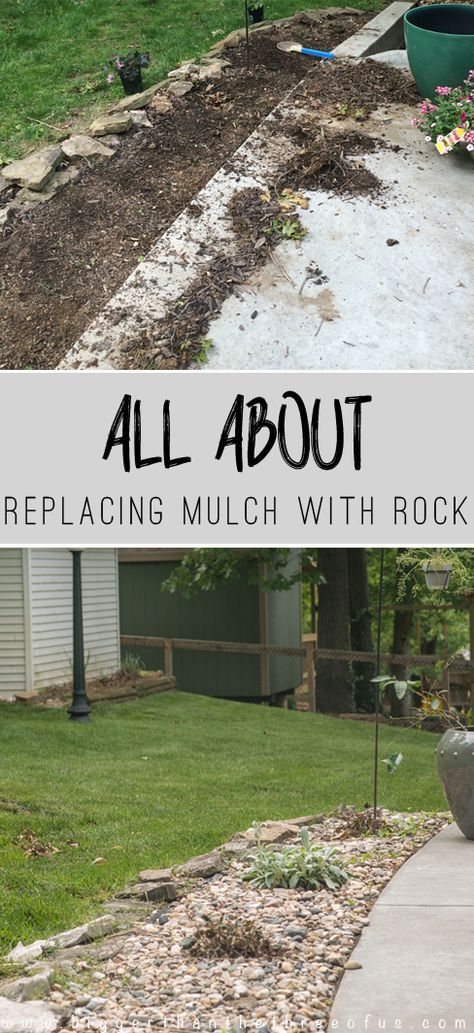 Replacing Mulch With Rock, Rock Instead Of Mulch, Mulch Landscaping Ideas Diy, Rock Mulch, Rock Flower Beds, Landscaping Rock, River Rock Landscaping, Landscape Rock, Landscaping Supplies