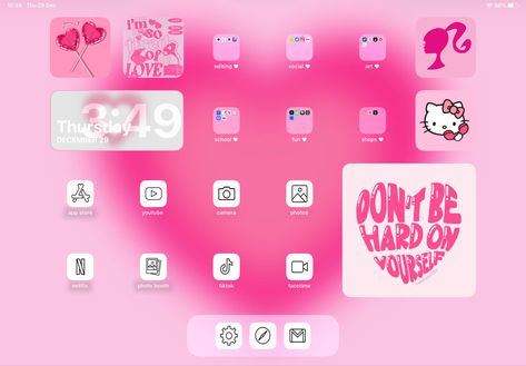 Pink Aura Homescreen Layout, Hello Kitty Ipad Homescreen, Hello Kitty Ipad Layout, Pink Ipad Aesthetic Layout, Pink Ipad Setup, Ipad Layout Ideas Pink, Hello Kitty Aura, Pink Ipad Layout, Cute Ipad Layout