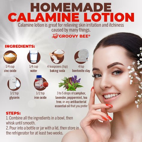 Calamine lotion is great for relieving skin irritation and itchiness caused by many things. Homemade Calamine Lotion, Calamine Lotion, Bentonite Clay, Skin Care Recipes, Skin Irritation, Iron Oxide, Irritated Skin, Tea Tree, Baking Soda