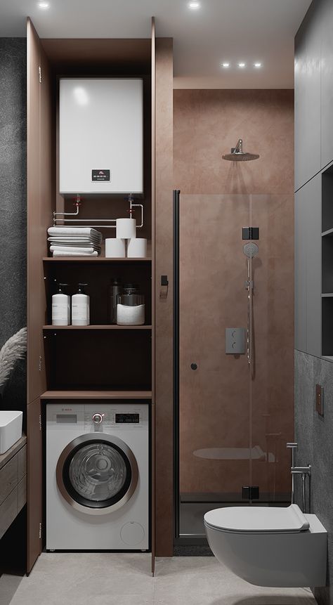 Narrow Laundry Room, Small Full Bathroom, Tiny Bath, Luxe Bedroom, Laundry Room Closet, Beige Bathroom, Small Toilet, Architecture 3d, Bathroom Inspiration Decor