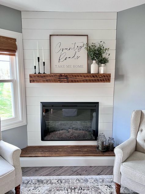 Corner Fireplace Design Farmhouse, Modern Farmhouse Entertainment Center Decor, Electric Farmhouse Fireplace, Diy Corner Shiplap Fireplace, Shiplap Mantle Decor, Living Room Decor Mantle, Farmhouse Wall Fireplace, Corner Fireplace Ideas Shiplap, Mantle On Shiplap Fireplace