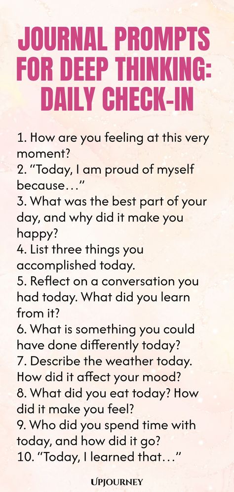 Explore our collection of thought-provoking journal prompts designed to encourage deep introspection and self-reflection. Use these daily check-ins to connect with your thoughts and emotions on a deeper level. Enhance your mindfulness practice and gain valuable insights into yourself through consistent journaling. Start each day with intentionality by incorporating these prompts into your routine. Take the time to delve beneath the surface and cultivate a greater understanding of your inner worl Daily Emotion Journal, Kid Journal Prompts, Thoughts Journal Ideas, Therapy Journal Questions, Cbt Journal Prompts, Quick Journal Prompts, Journal Questions About Yourself, Journal Notes Ideas, Daily Prompts Journal