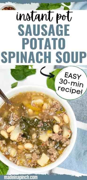 Instant Pot Sausage Potato Spinach Soup is a hearty and comforting soup that's super simple to make, packed with flavor, and loaded with nutrition! The BEST part? Sausage Spinach Soup is a CINCH to make and is ready in 30 minutes! The SECOND best part? Kids LOVE it! Grab this recipe and make Sausage Potato Soup tonight! #instantpot #soup #sausagepotatosoup | Made in A Pinch @madeinapinch Potato Spinach Soup, Sausage Spinach Soup, Sausage And Spinach Soup, Cold Weather Soup Recipes, Turkey Sweet Potato Chili, Sausage And Spinach, Sausage Potato Soup, Spinach Soup Recipe, Potato Spinach