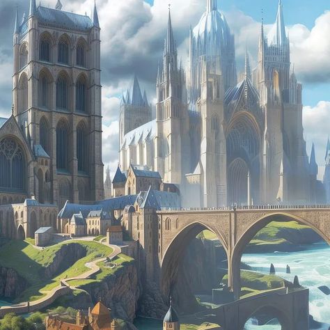 Fantasy / Sci-Fi / Architecture / AI Art on Instagram: "The cathedrals of Misthaven, by the winding rivers. #cathedral #town #fantasyart #fantasy #fantasyartwork #oldtown #madewithphotoshop #landscape #ai #artgallerys #digitalart #digitalartdesign #fantasylandscape #fantasyland #landscapeart #landscapeartist #natureart #sceneries #conceptart #cgartist #cgart #instaartworks #instagramartists #medievaltown #fantasydaily" Sci Fi Cathedral, Fantasy Cathedral Art, Fantasy Cathedral, Sci Fi Architecture, Secret Book, The Secret Book, Medieval Town, Digital Art Design, Landscape Artist