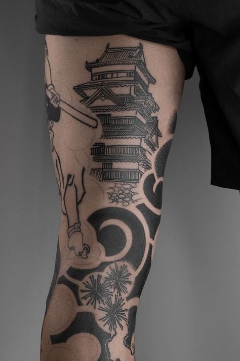 Leg Japanese Tattoo, Western Leg Sleeve, Asian Sleeve Tattoo, Asian Tattoos Men, Leg Sleeve Tattoo Design, Hokusai Tattoo, Leg Tattoo Inspiration, Blackwork Japanese Tattoo, Ganpati Tattoo