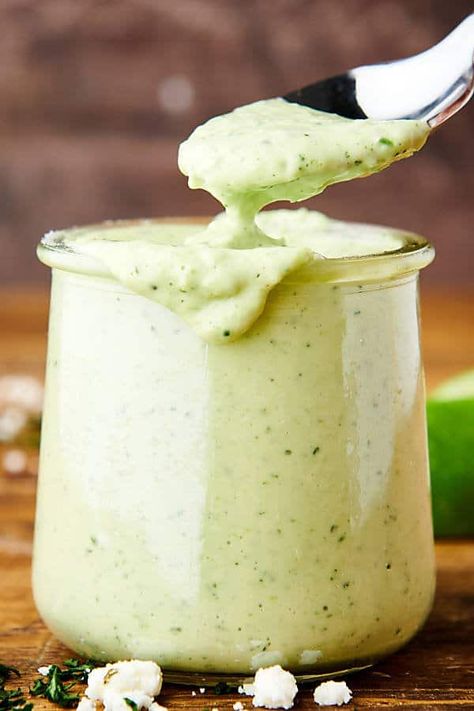 This Cilantro Lime Sauce is fresh, creamy, tangy and makes the perfect dip, sauce, or dressing. Serve it with french fries, in tacos, on fish, and more! www.showmetheyummy.com Whole30 Ranch, Lime Dipping Sauce, Taco Sauce Recipes, Dairy Free Ranch Dressing, Lime Salad Dressing, Avocado Lime Dressing, Fish Taco Sauce, Buttermilk Ranch Dressing, Cilantro Lime Sauce