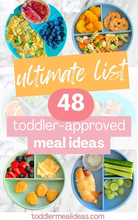 Wondering what to feed your toddler? I'm a mom of three sharing 48 awesome toddler meal ideas your toddlers will love based on what my kids actually eat. Easy, nutritious, and simple toddler meal ideas made with wholesome foods. No cook (or quick recipe) toddler lunch ideas perfect for 1 year olds, 2 year old, 3 year olds and more! Easy Meal Ideas For One Year Old, Lunch For Two Year Old, Easy Lunch For 1 Year, 3 Year Food Ideas, Lunch Ideas For Two Year Olds, 3 Year Lunch Ideas, 1 Year Dinner Ideas, 2 Year Food Ideas, Baby Lunches 1 Year