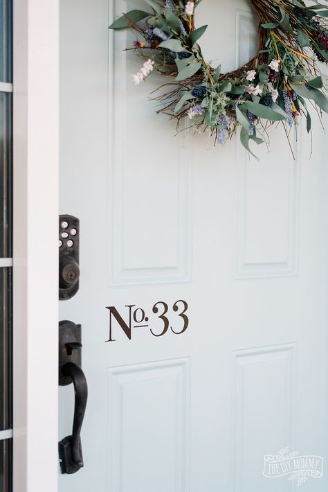 Diy House Number Sign Front Porches, Address Wreaths For Front Door, Door Numbers Ideas, Front Door Sign Garden, Front Door House Numbr Sign, Front Door Word Decals, House Number Decals, Front Door Numbers, Spring Umbrella