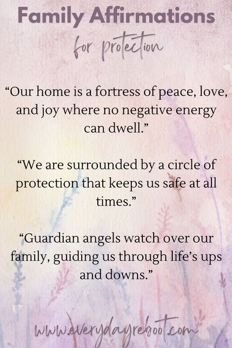 Empower your loved ones with 'Family Affirmations for Protection.' These affirmations are designed to surround your family with a sense of security and well-being. Ideal for fostering an atmosphere of care and safeguarding within your home. #FamilyProtection #Affirmations ✨🛡️ Let these powerful words be a daily reminder of the strength and safety that comes from unity and mutual support. Protection Affirmation For Home, Positive Family Affirmations, Family Protection Affirmations, Family Manifestation Affirmations, Protection Affirmations Spiritual, Family Health Affirmations, Powerful I Am Affirmations, Happy Family Affirmations, Safety Affirmations