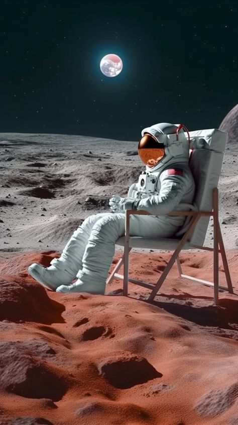 Hyperrealism close up of an Astronaut sitting in a lawn chair on the moon with earth rising over the horizon, pulp photography, national geographic —ar 9:16 —c 55 —s 555 Pulp Photography, Mogu Mogu, Space Phone Wallpaper, Lawn Chair, Astronaut Art, Man Sitting, Lawn Chairs, Hyperrealism, On The Moon