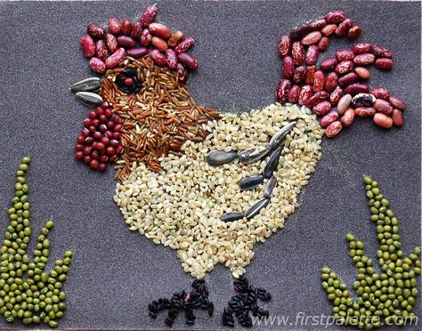 This regal rooster is made from seeds, nuts and beans. Create a marvelous mosaic with these natural art materials. Seed Mosaic, Seed Craft, Harvest Crafts, Seed Art, Fun Fall Crafts, Autumn Crafts, Fall Crafts For Kids, Natural Art, Family Crafts