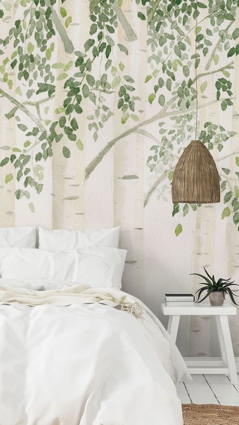 Experience the beauty of nature in your very own bedroom. Our design ideas aim to transform your personal space into a botanical oasis. A perfect blend of comfort, style, and elegance. Watch as your room comes alive with our tasteful choices of wallpapers, patterns and colours. Take the first step into your dreamy retreat. Shop now at Wallsauce.com! Forest Green Wallpaper, Wallpaper Boho, Tree Wall Murals, Bedroom Wallpaper, Relaxing Bedroom, Art Deco Wallpaper, Botanical Wallpaper, Forest Wallpaper, Living Room Green