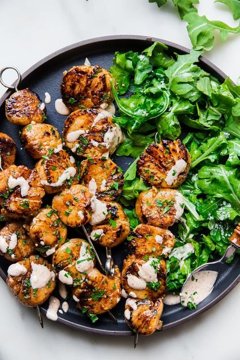 Served with garlicky lemon aioli, grilled scallops become the luxurious dinner that’s ever come off your grill. Luxurious Dinner, Grilled Scallops, Lemon Aioli, The Modern Proper, Modern Proper, Gluten Free Recipe, Scallop Recipes, Healthy Eating Recipes, Aioli