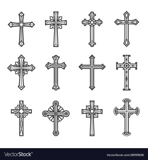 Crucifix Drawing, Villian Design, Dragon Tattoo Vector, Crucifix Tattoo, Unique Cross Tattoos, Catholic Symbols, Cross Drawing, Baptism Cookies, Libra Tattoo