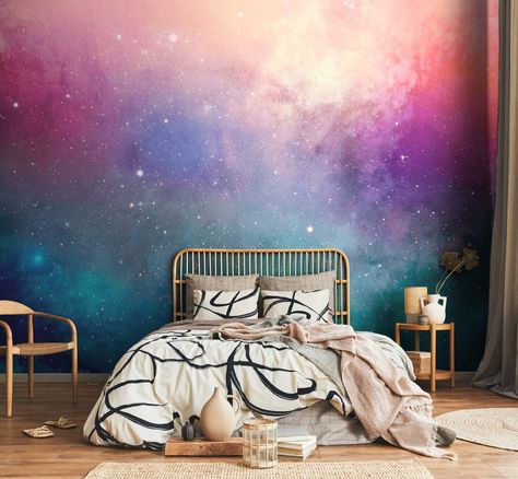 Water Color Galaxy Wall Mural | Wall Murals – Eazywallz Magical Wall Mural, Galaxy Walls Bedroom, Galaxy Room Wallpaper, Purple Space Themed Bedroom, Galaxy Decor Bedroom Ideas, Galaxy Wallpaper For Bedroom, Galaxy Wall Paint Diy Bedroom, Galaxy Mural Paint, Diy Galaxy Wall Painting