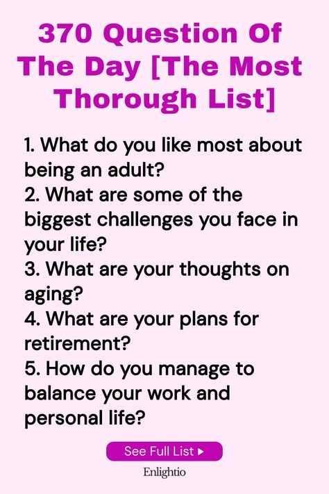 Explore the ultimate list of 370 thought-provoking "Question of the Day" prompts to spark engaging conversations, self-reflection, and personal growth. Whether with friends, family, or for yourself, these questions are designed to inspire deep insights and meaningful interactions. Perfect for daily journaling, icebreakers, or simply pondering life's mysteries. Enjoy diving into this comprehensive collection of questions that cover a wide range of topics and perspectives. Weird Questions To Ask, Whisper Challenge, Daily Journaling, Interactive Posts, Icebreakers, Deep Questions, Getting To Know Someone, Question Of The Day, Trivia Questions