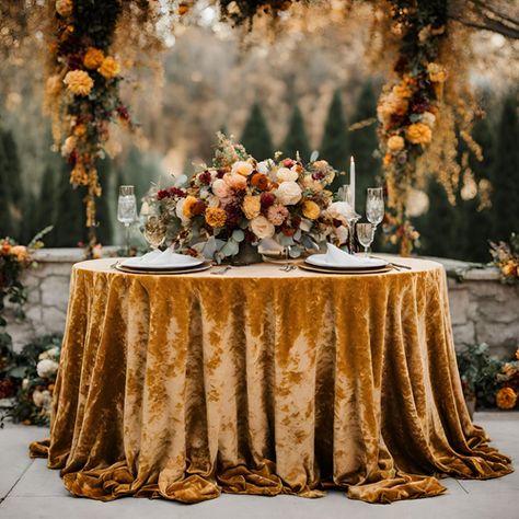 Wedding Velvet Tablecloth, Fall Wedding Round Table Settings, Round Fall Wedding Tables, Wedding Table Linen Ideas Color Palettes, Copper Tablecloth, Velvet Wedding Table, Velvet Tablecloth Wedding, Wedding Table Linen Ideas, Velvet Wedding Decor