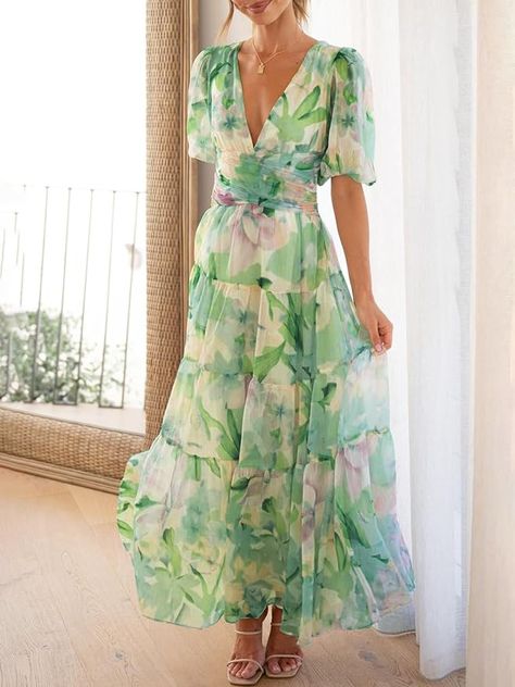 Sissyaki Women's V Neck Puff Sleeve Floral Maxi Dresses Casual Party Wedding Guest Flowy Long Dress A#Green Small at Amazon Women’s Clothing store Flowy Dress Formal, Dresses Casual Party, Pastel Green Dress, Flowy Long Dress, Floral Dress Wedding Guest, Floral Maxi Dresses, Flowy Dress Long, Chiffon Long Dress, Long Green Dress