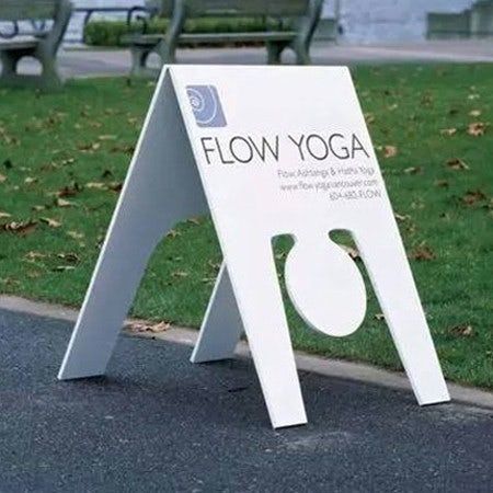 Yoga Shala, Guerrilla Marketing, Sidewalk Sign, Yoga Studio Design, White Sign, Yoga Business, Exterior Signage, Sandwich Board, Sup Yoga