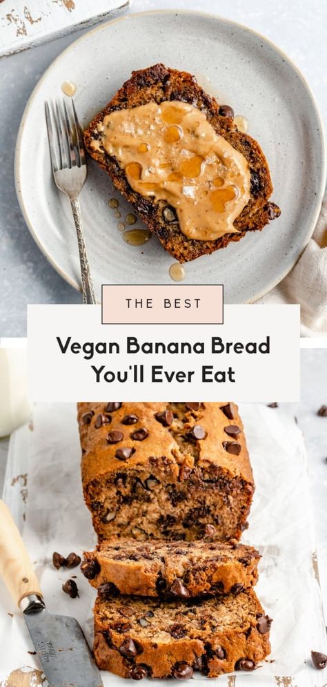 The best vegan banana bread you'll ever eat is moist, flavorful and tastes like the nostalgic, traditional banana bread you know and love. This easy vegan banana bread recipe uses simple ingredients and makes an incredible brunch treat or snack. Options to add chocolate chips and nuts to make it extra special! #bananabread #vegan #vegansnack #veganbreakfast #healthybreakfast #brunch Best Vegan Banana Bread Recipe, Best Vegan Banana Bread, Easy Vegan Banana Bread, Vegan Banana Bread Easy, Paleo Banana Muffins, Vegan Banana Bread Recipe, Ambitious Kitchen, Vegan Banana Bread, Healthy Bread