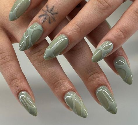 Simple Sage Green Nails, Simple Nail Designs Green, Green Funky Nails, Simple Funky Nails, Sage Nails Design, Short Funky Nails, Sage Green Nail Designs, Sage Green Nail Ideas, Hippie Nails